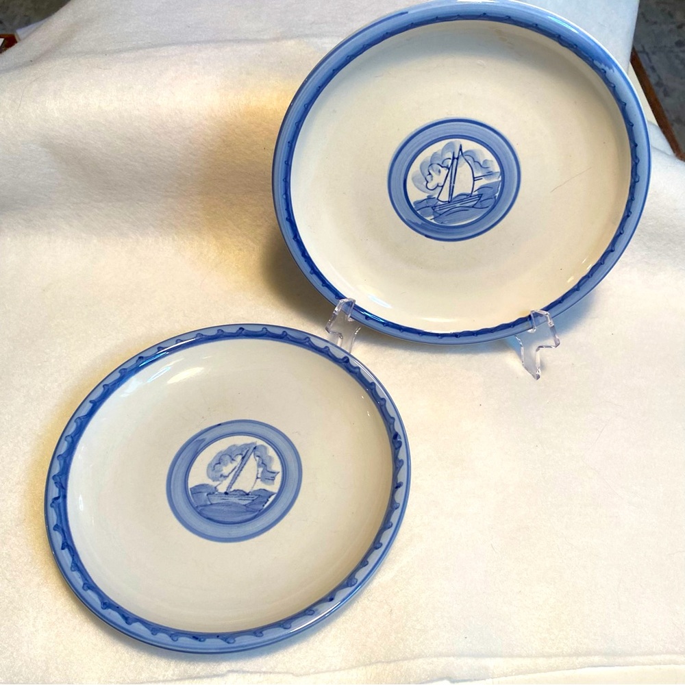 Lot Of 2 Folkcraft Stoneware Sail Away Salad Plates Oven Safe Sailing Nautical